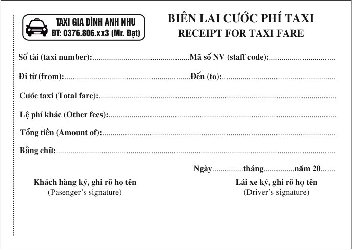 In hóa ??n biên lai phi?u thu c??c phí taxi t?i Hà N?i